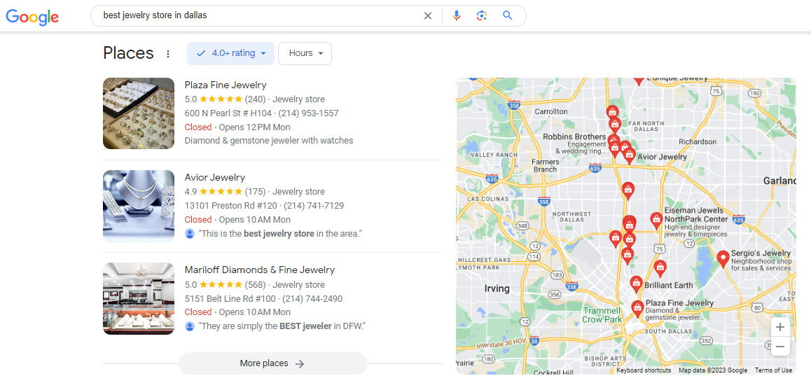 Screenshot showing profile listings for jewelry stores in Dallas 