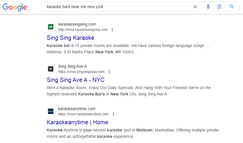 Screenshot showing search results for karaoke bars in NYC