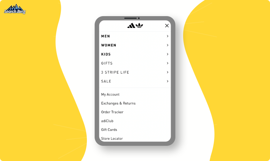 a screenshot of Adidas' home page hamburger menu taken on a smartphone