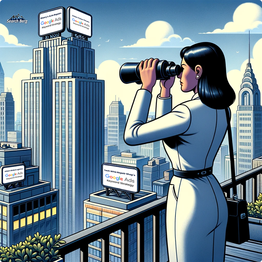 a businesswoman using binoculars to analyze her competitors' Google Ads keywords strategies