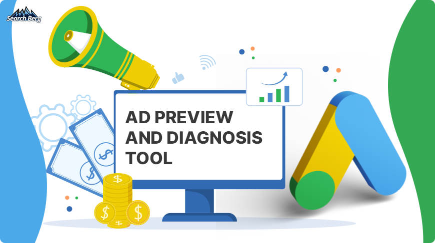 a concept illustration of the Google Ad Preview and Diagnosis tool displayed on a monitor screen
