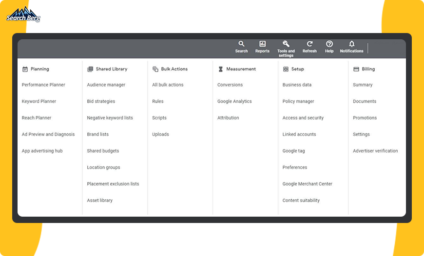 The Google Ads Tools and Settings Menu