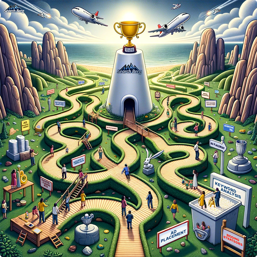 a concept illustration of a landscape depicting the journey of a Google Ads campaign