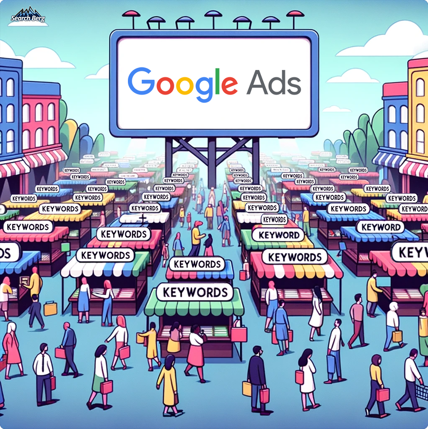 Google Ads keywords illustrated as pop-up shops in a marketplace