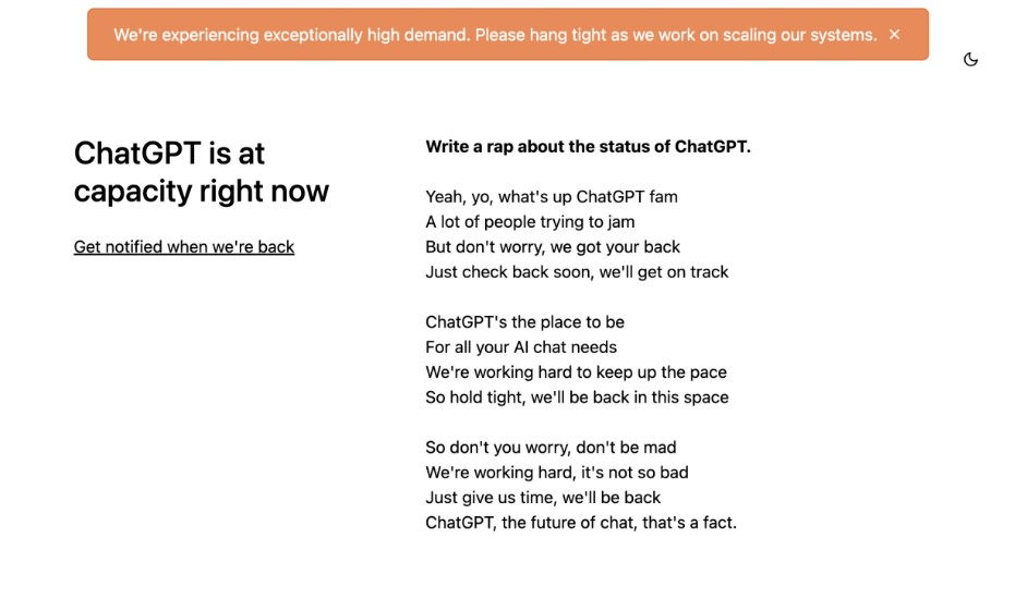 Screenshot of ChatGPT’s “at capacity” error display page