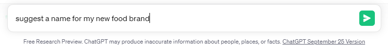 A ChatGPT prompt requesting a food brand name suggestion