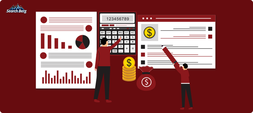 a concept illustration of a calculator, coins, and analytics sheet