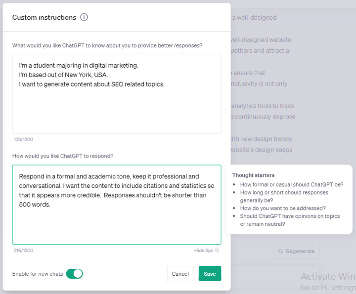 Screenshot showing an example of custom instructions in ChatGPT