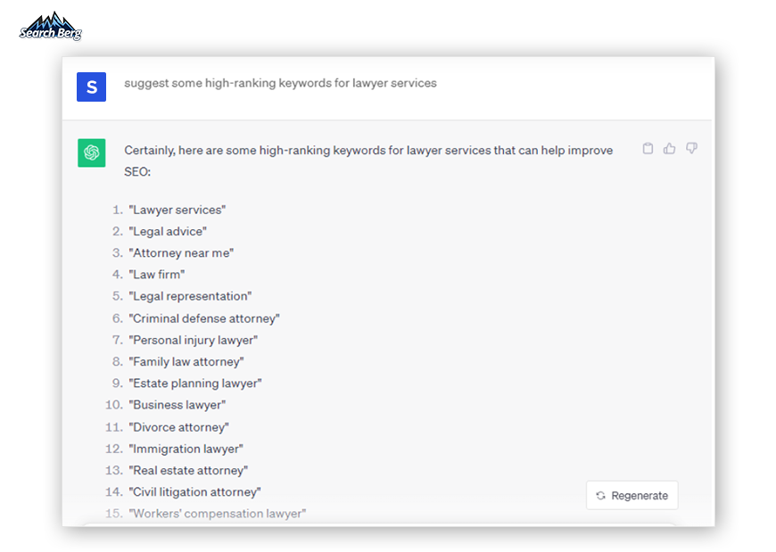 A ChatGPT response listing keywords for lawyer services