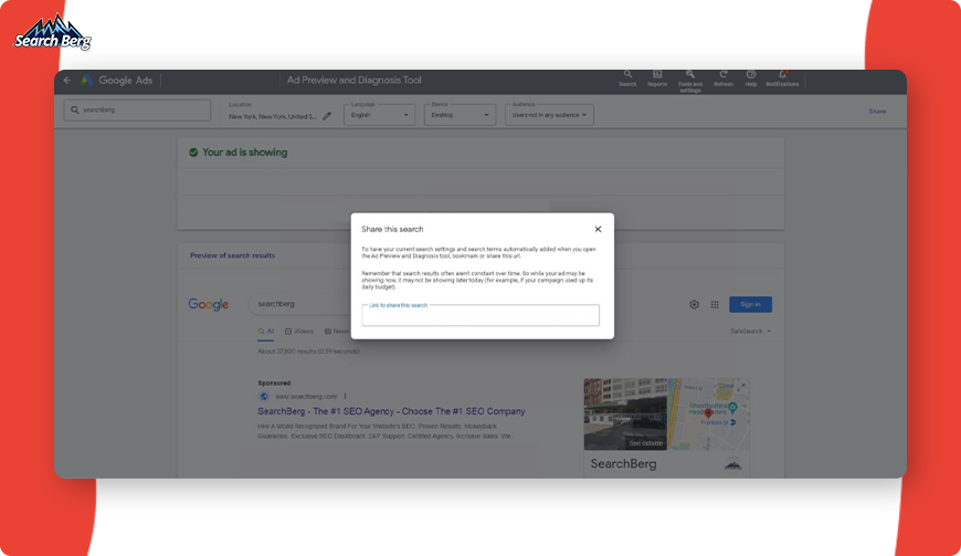 The Share This Search feature in Google Ad Preview and Diagnosis Tool