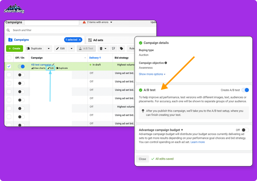 Enabling A/B testing options on Meta ad campaigns