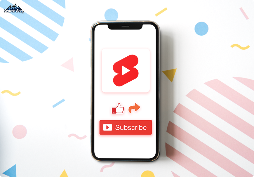 A phone screen with a YouTube Shorts logo, like button, share button, and subscribe button.