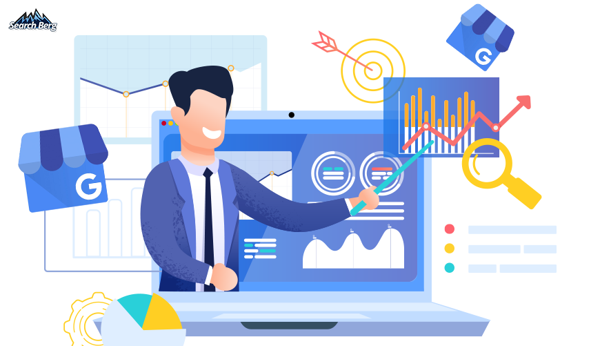 A graphic of a person looking at various analytics and data points for GMB strategizing.