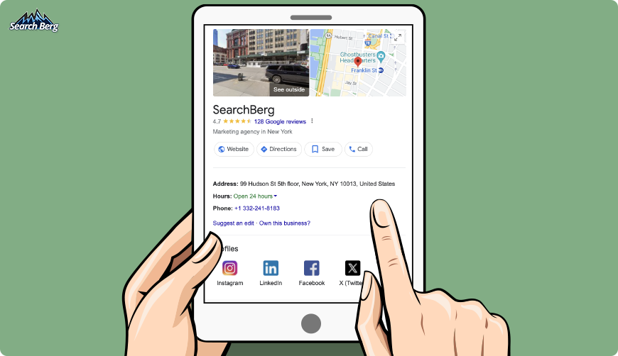 A screenshot of SearchBerg’s GMB listing on Google.