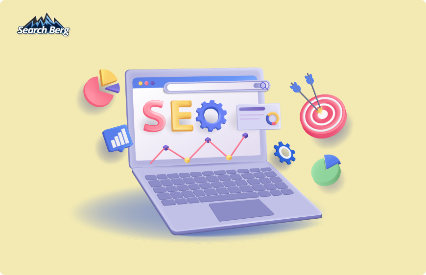 Various symbols and elements of local SEO for businesses.