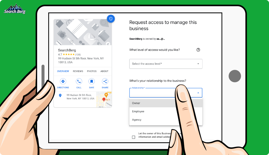 A drop-down menu asking for the user’s relationship to the business.