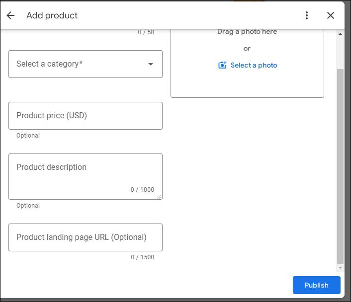 A screen for showcasing products on Google Business Profiles.