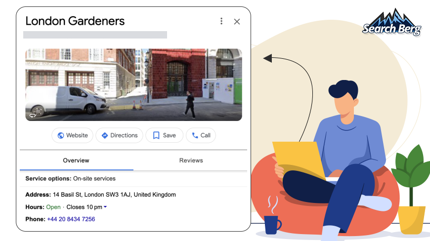 A screenshot of London Gardeners’ complete GMB profile that includes photo, address, number, and hours.