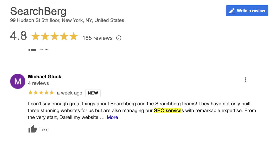 A screenshot showing how Google identifies SEO keywords in reviews