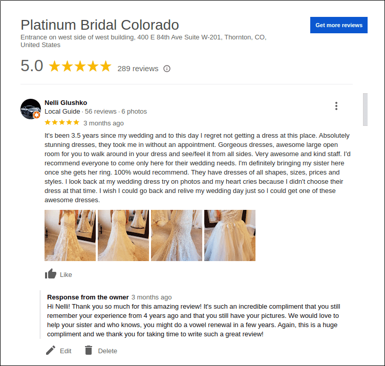 A review on the Google Business profile of Platinum Bridal Colorado with a response from the owner