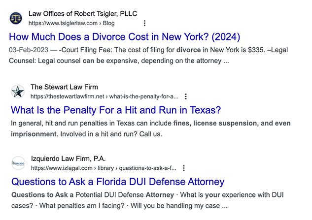 screenshots of blog titles and meta descriptions with local keywords