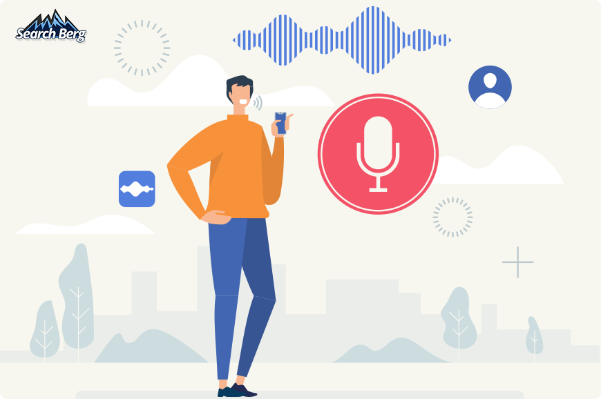 A graphic depicting the voice search feature in action.