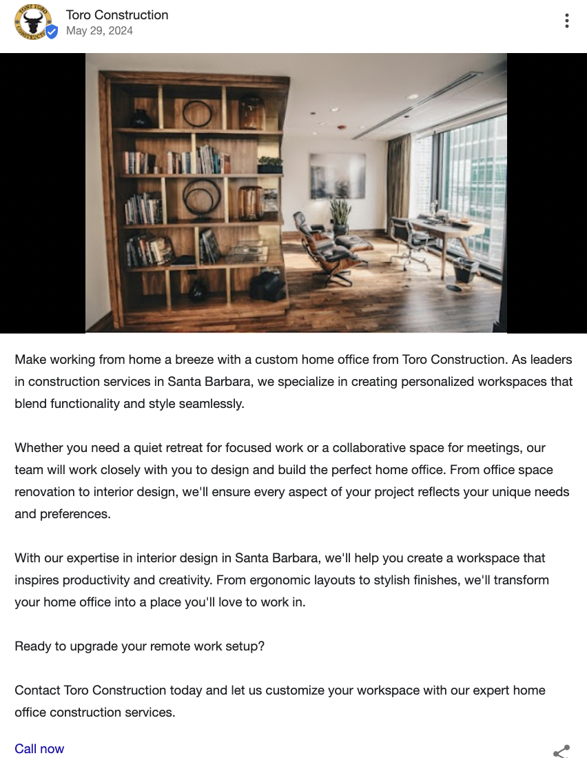 An example of a GMB Post for a Search Berg client named Toro Construction.