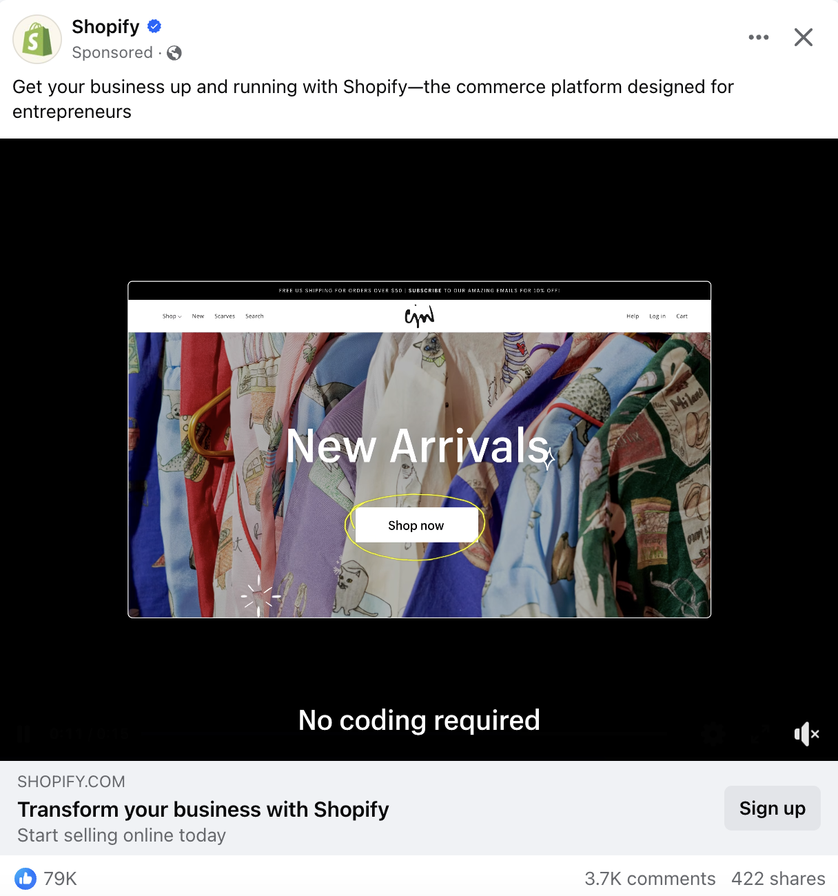 A Shopify social media ad displayed on Facebook.