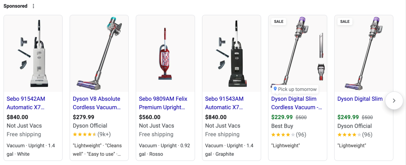  A variety of shopping ads for vacuum cleaners.