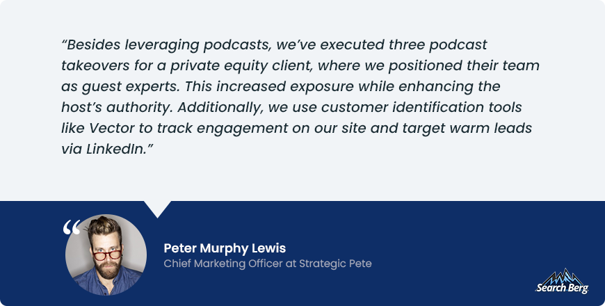 A testimonial quote from Peter Murphy Lewis, Chief Marketing Officer at Strategic Pete, discussing the benefits of podcast takeovers and customer identification tools for lead targeting. Search Berg branding is visible in the image.