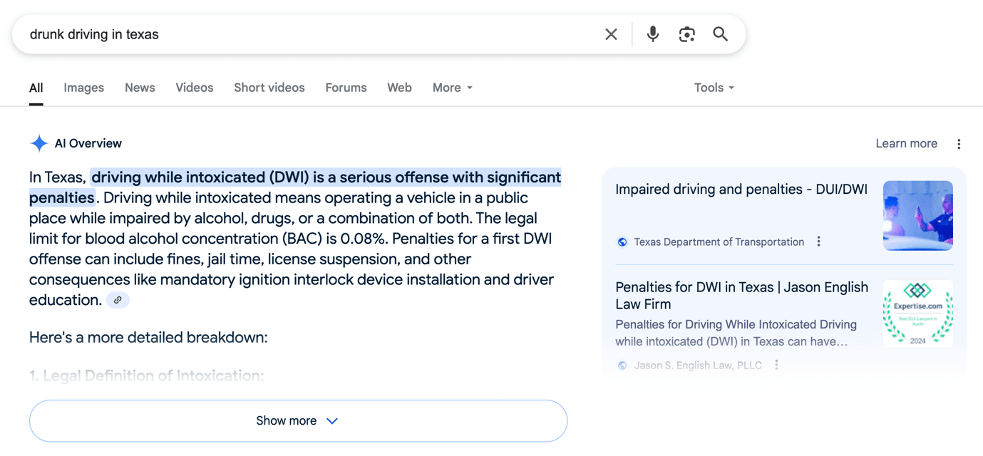 Google Search results for “drunk driving in Texas”.