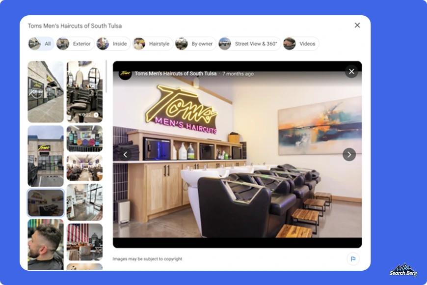A screenshot of Toms Men’s Haircuts’ GBP profile with images