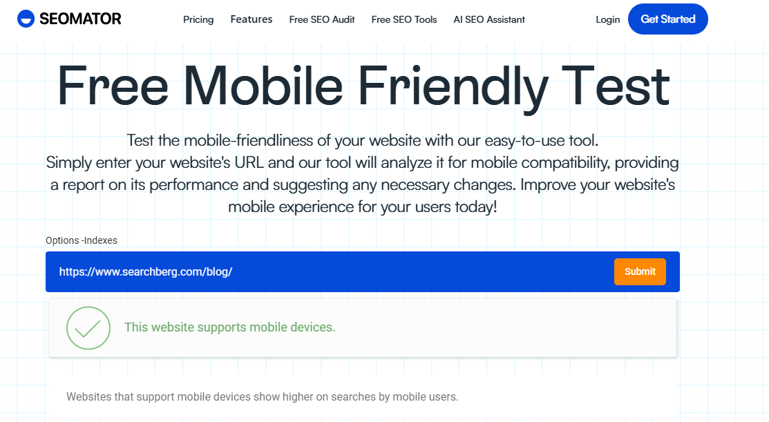 Mobile-first indexing of a Search Berg site checked on SEOmator