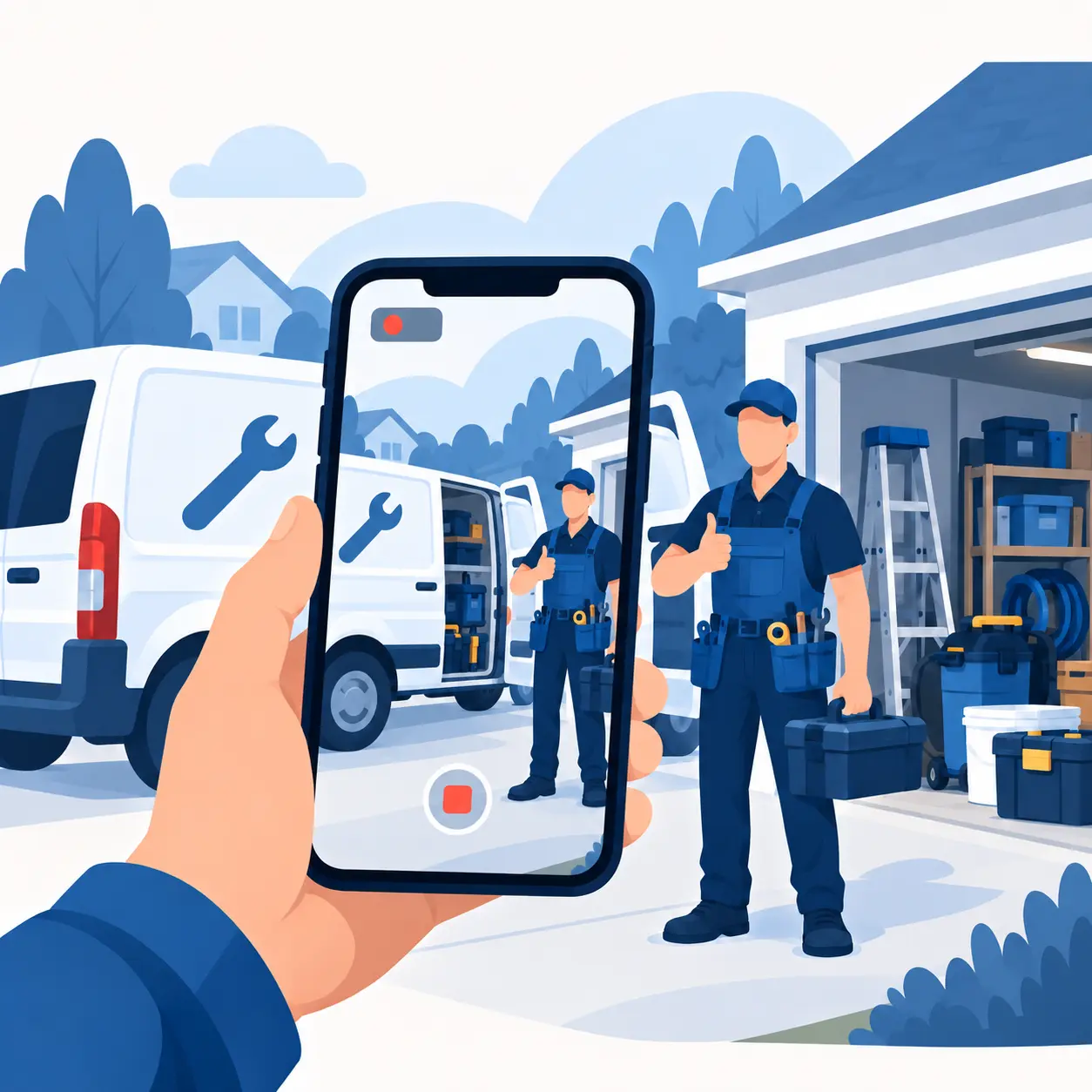 Service-area business owner recording a video verification showing a work van, technician, tools, and operating location.