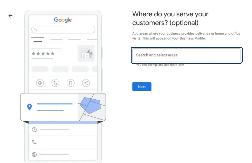Google Business Profile service-area setup screen with the “Search and select areas” field highlighted.