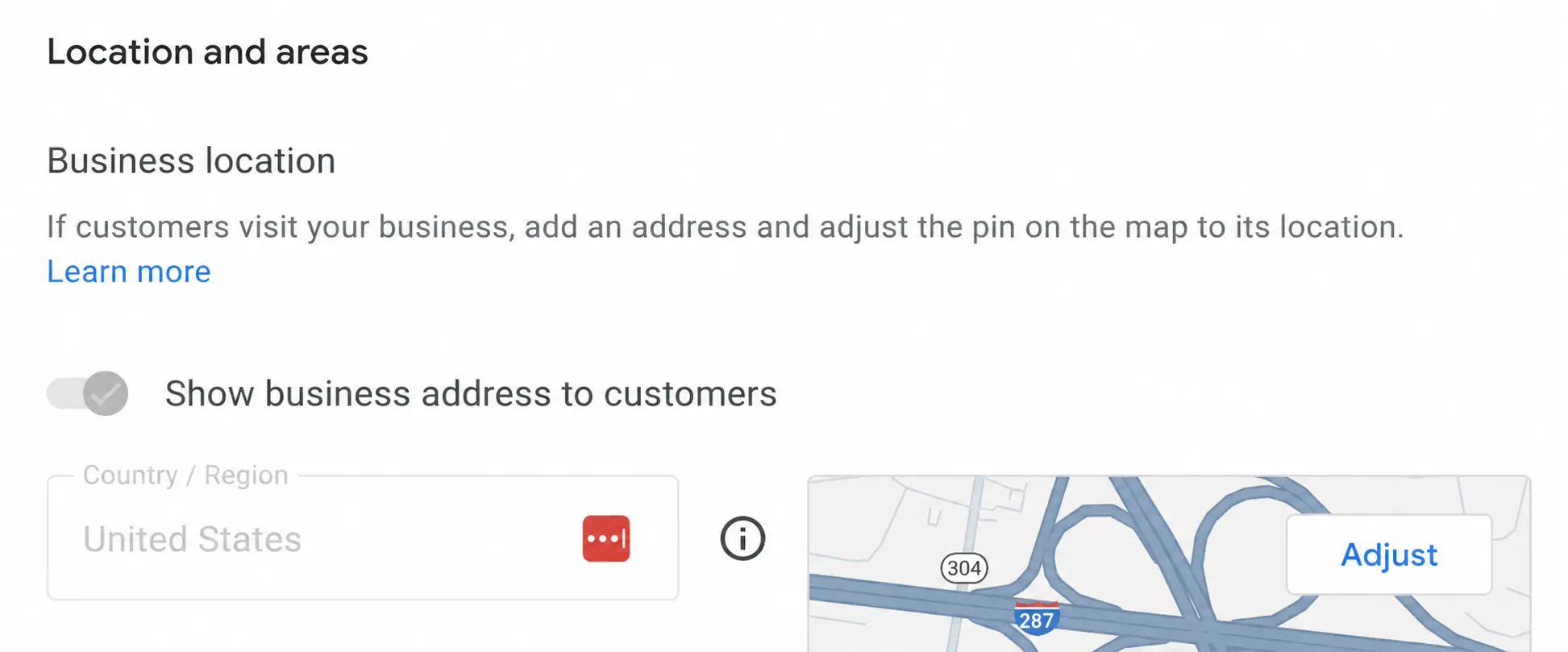 Google Business Profile location settings showing the option to hide the business address from customers.