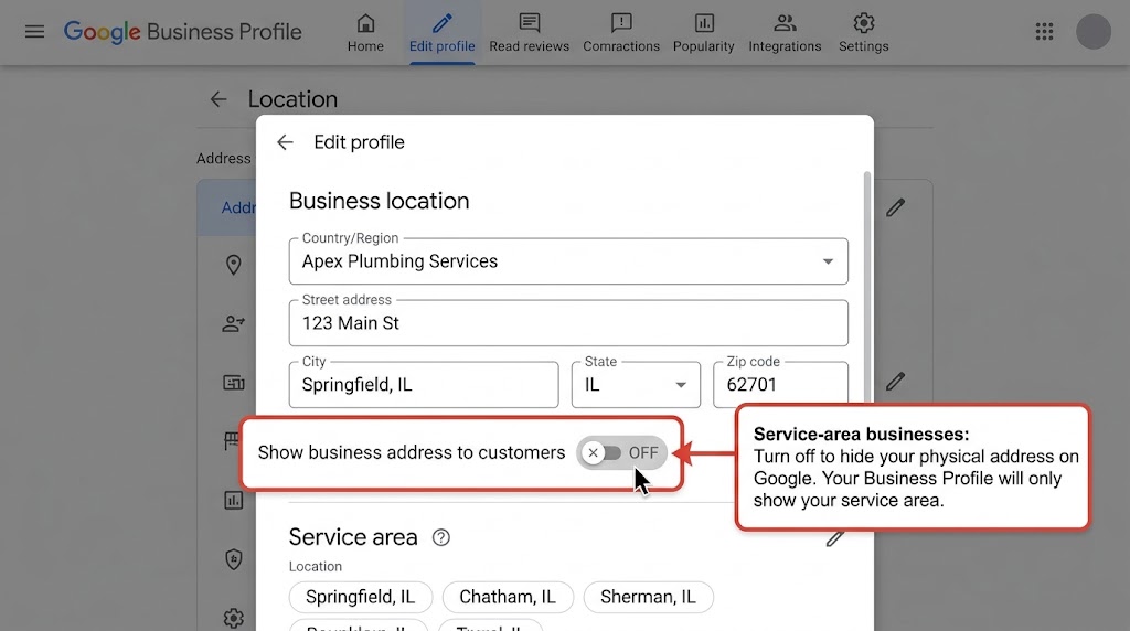 Google Business Profile address visibility setting for a service-area business