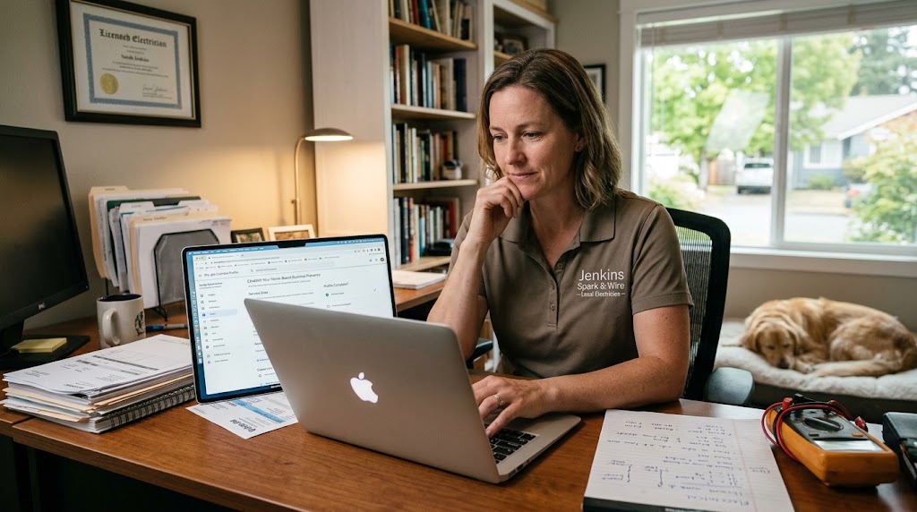 âąHome-based business owner checking Google Business Profile eligibility from a home office