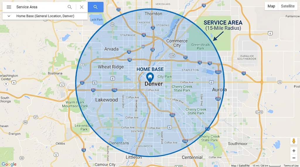 Service area radius shown on Google Maps for a home-based service business