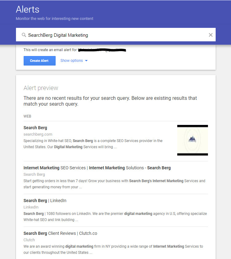 This screenshot is of Google Alerts with Search Berg's alerts showing, allowing us to manage our online reputation easily