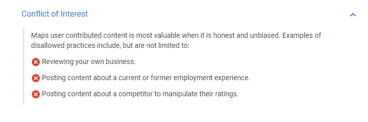 The image shows a screenshot of Google's Conflict of Interest Policies within their recommended guidelines for businesses