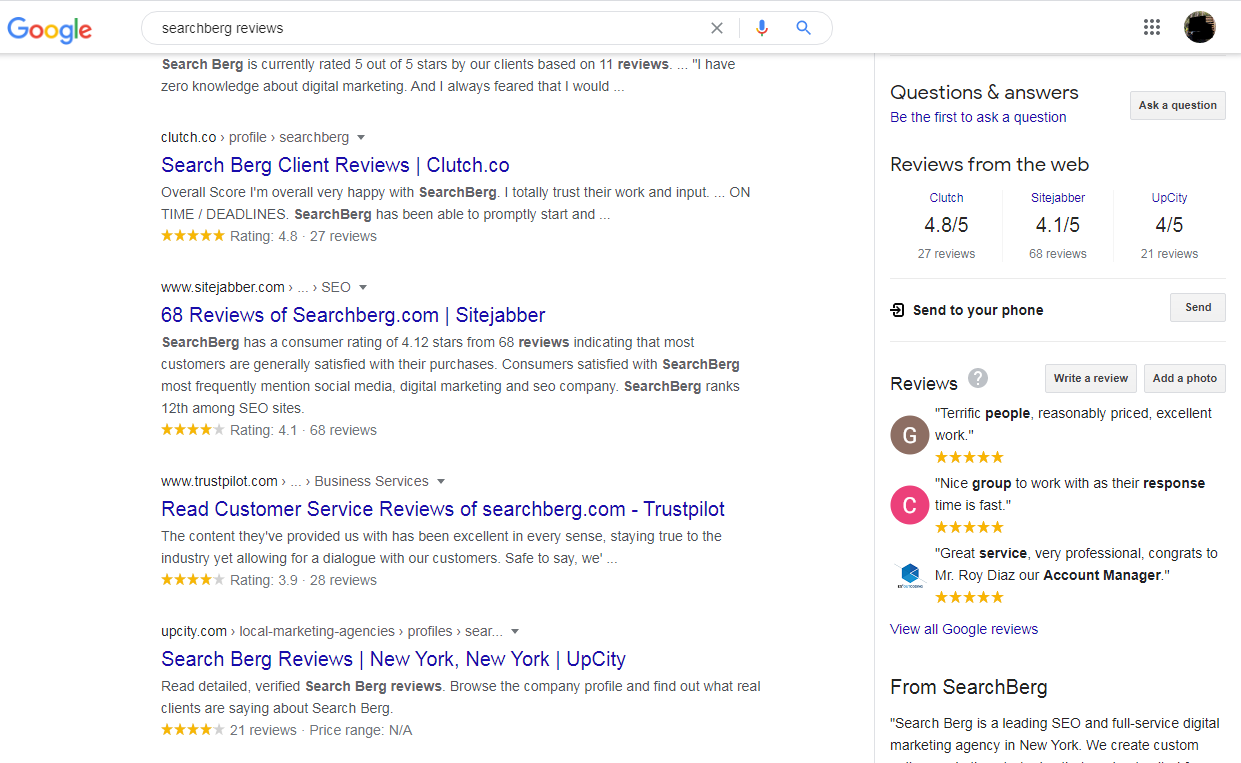 the image is a screenshot displaying a Google search query to find customer reviews and testimonials of our digital marketing services